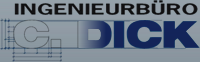 Logo des Ingenieurbüros C. Dick, Logoumsetzung des Namens mit angedeuteten Maßzeichnungen